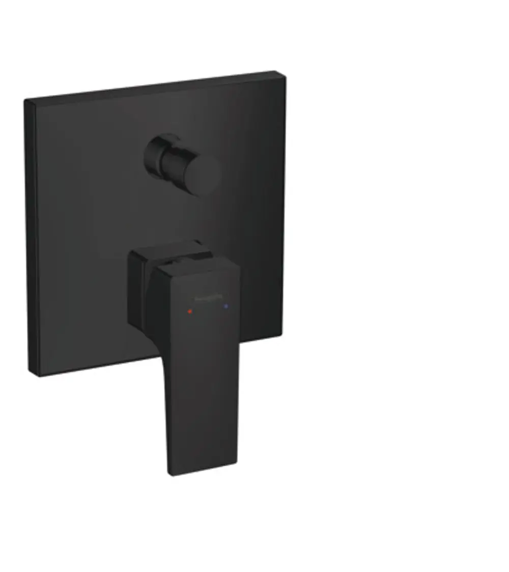 Einhebel-Wannenmischer in mattschwarz von Hansgrohe, mit einem quadratischen Unterputz-Gehäuse und einem Hebelgriff zur Steuerung der Wassertemperatur und -menge.